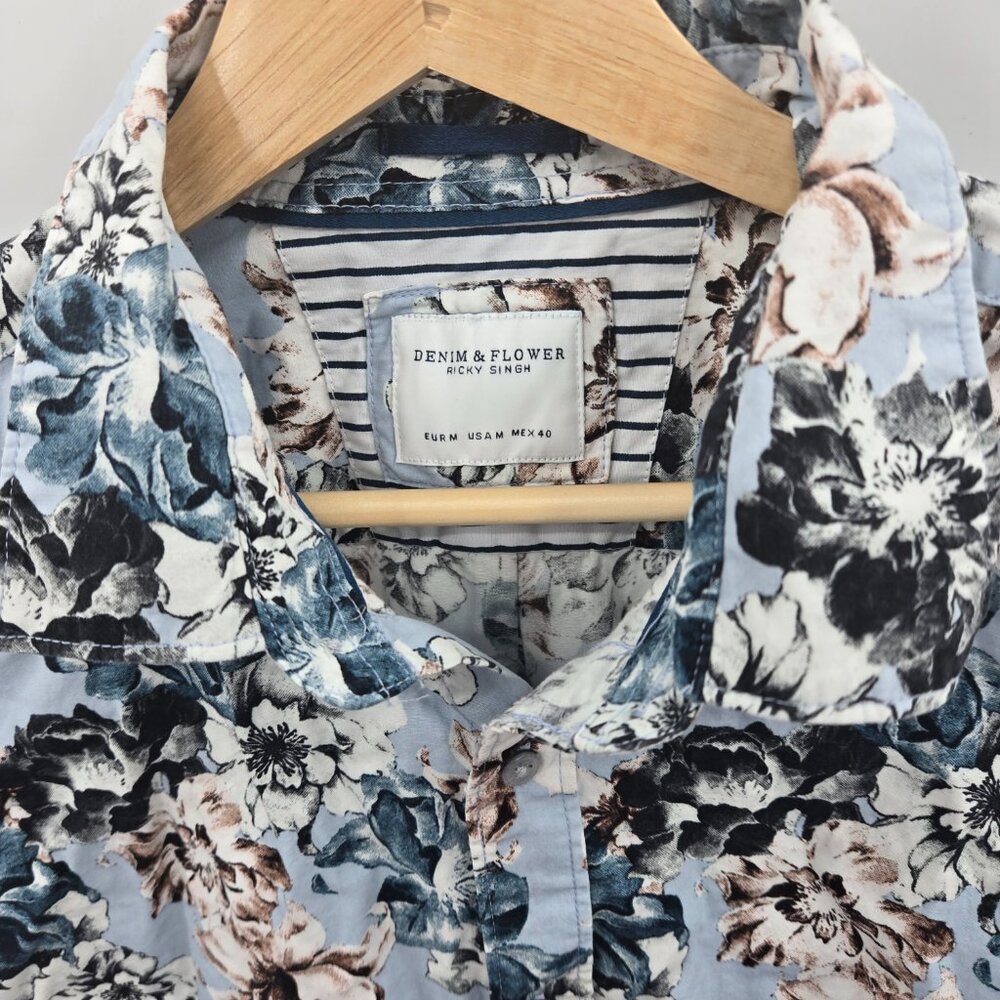 Denim & Flower Ricky Singh Blue Floral Button Down Long Sleeve Shirt Medium - Picture 11 of 11